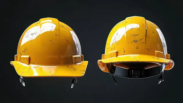 Two worn yellow construction safety helmets with scratched surfaces displayed on a dark background.