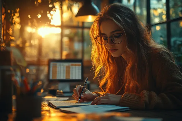 A woman reviews invoice papers and spreadsheet data on her desk under warm sunlight.