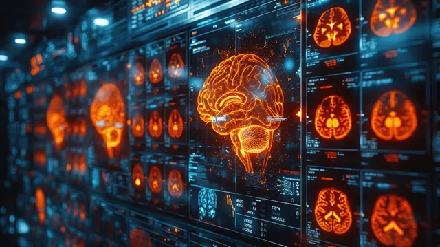 MRI brain scan images glow on multiple monitors with orange highlighted slices in a dark blue control room.