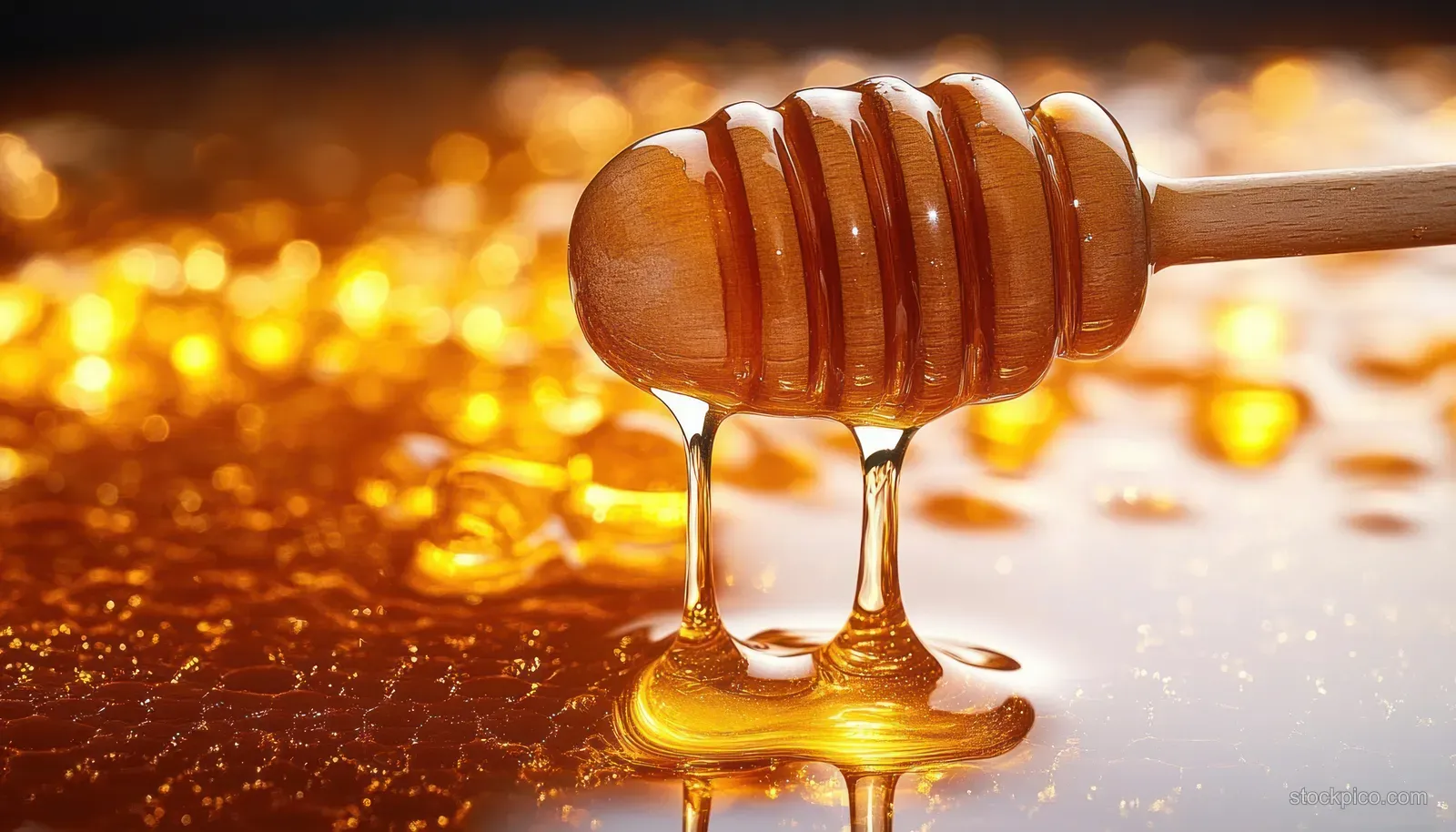 Golden honey slowly dripping from a wooden dipper onto a glowing honeycomb background.