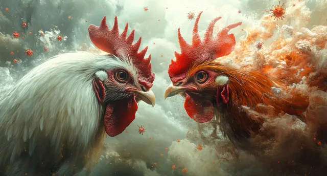Two chickens face each other with floating virus-like particles in a hazy, farm-themed backdrop.
