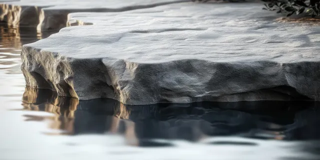 Stone slabs at waterline with mirrored reflections and soft ripples in minimalist scene
