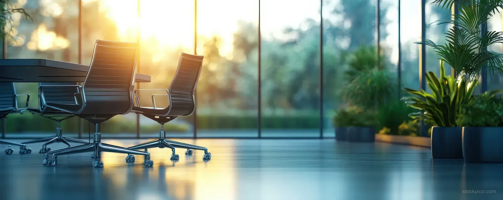 Minimalist meeting room with a long table, black chairs, and sunlight through large glass windows onto a polished floor.