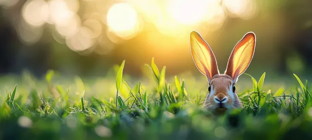 Rabbit peeking from green grass with warm sunbeams glowing behind in a meadow