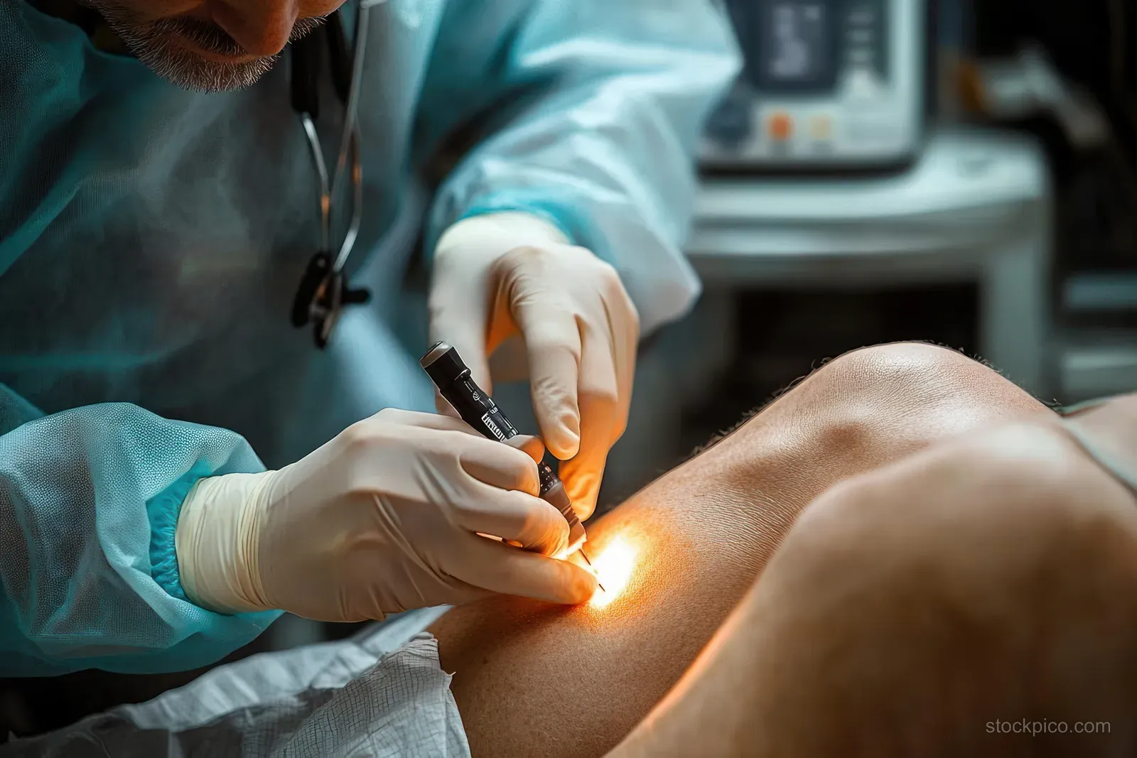 Gloved clinician uses a handheld light instrument on a patient’s knee during a clinical procedure.