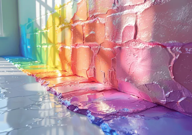 Rainbow iridescent reflections glow on a cracked pastel glass wall beside a bright floor.