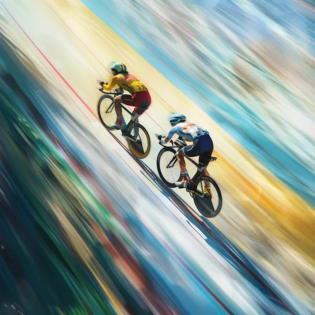 An Australian women’s keirin cyclist sprints on a banked velodrome track with vivid motion blur.