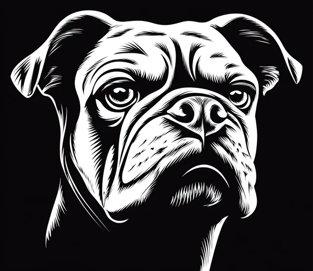 Black-and-white bulldog portrait with serious expression against a dark background