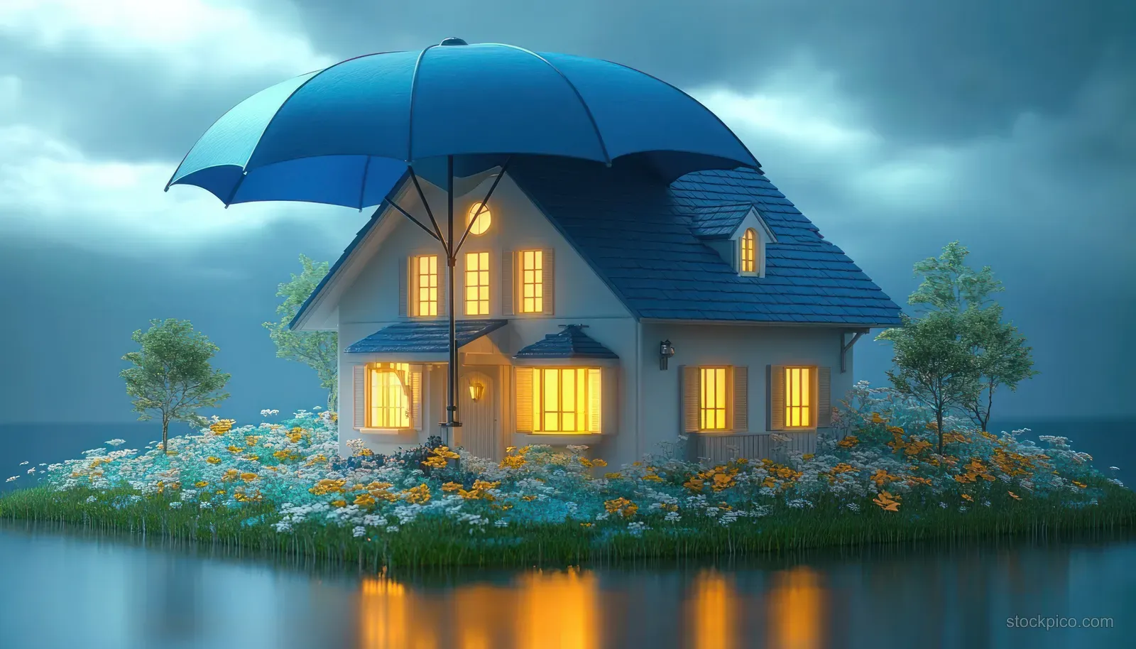 A warmly lit cottage sits on a small island under a large blue umbrella with flowers and water reflections during cloudy dusk.