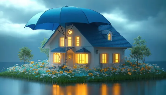 A warmly lit cottage sits on a small island under a large blue umbrella with flowers and water reflections during cloudy dusk.