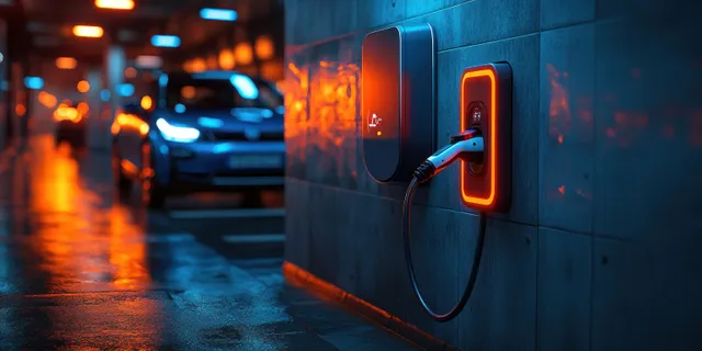 Electric vehicle charging station with a Type 2 plug mounted on a garage wall and a blurred car in the background.