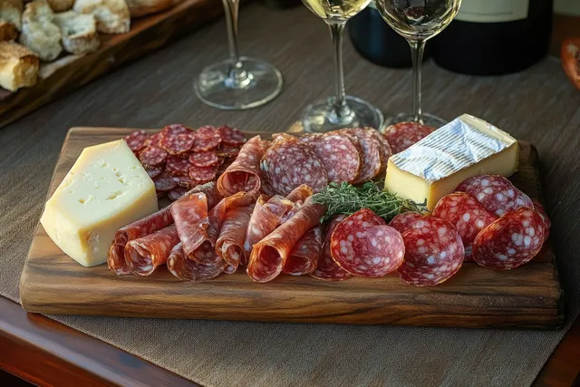 Sliced salami and cheese arranged on a wooden board with fresh herbs and blurred white wine glasses behind.