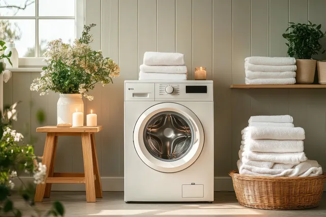 Front-loading washing machine centered in a tidy laundry room with stacked white towels, plants, and lit candles by a window.