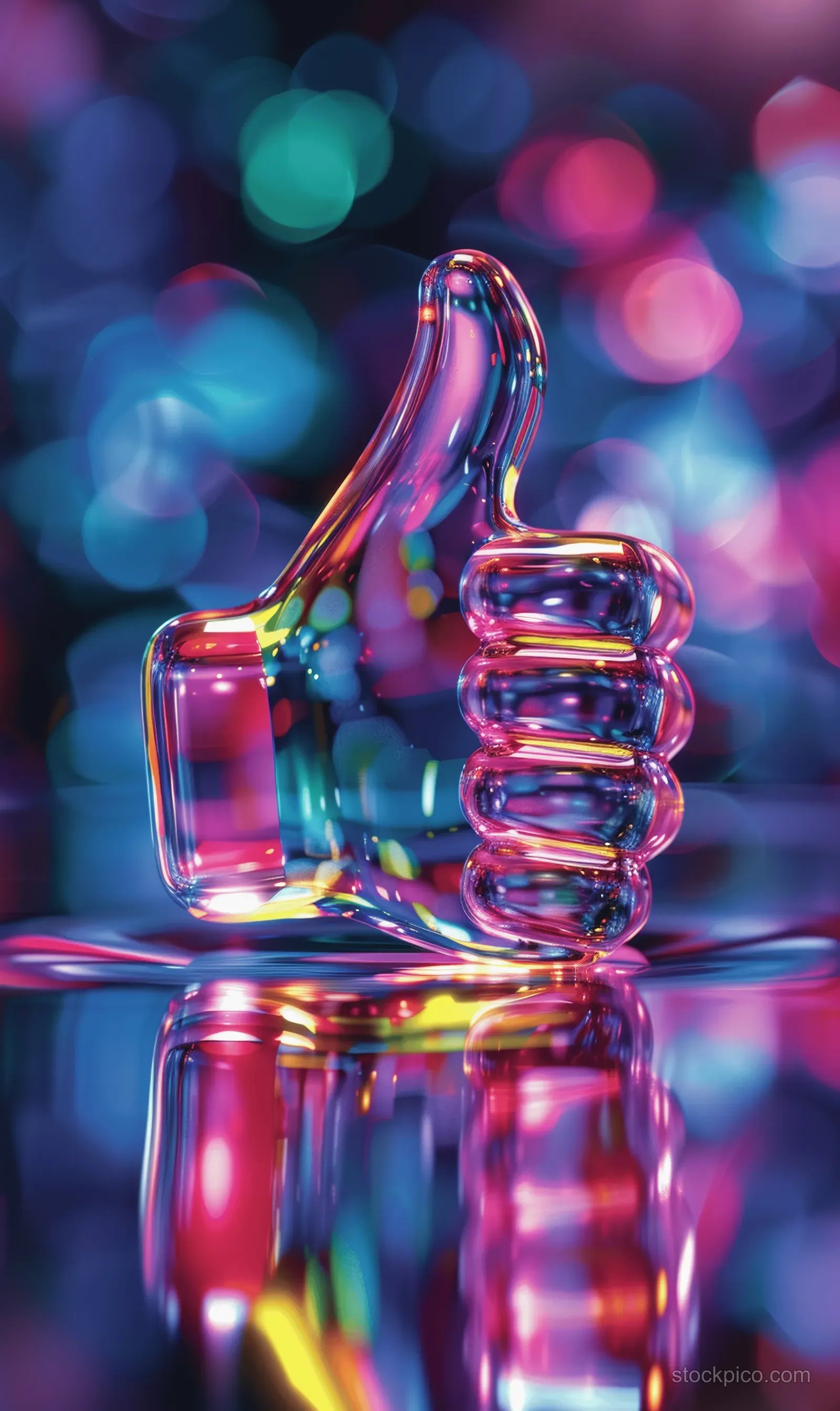 A glowing glass thumbs-up icon surrounded by colorful bokeh lights on a neon digital background.
