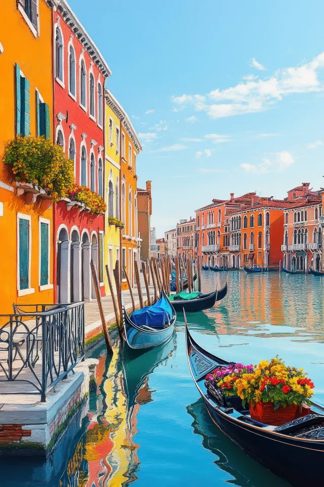 Gondolas docked along a calm Venetian canal beside colorful buildings with flower pots under a bright blue sky.