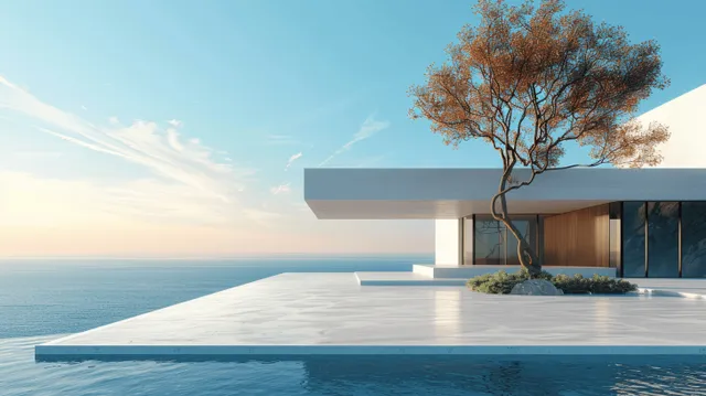 Minimalist modern building terrace with concrete floor, glass facade, and lone tree by blue ocean horizon