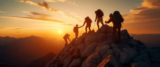 Three climbers reaching a mountain summit together at sunset, silhouetted on the rocky ridge