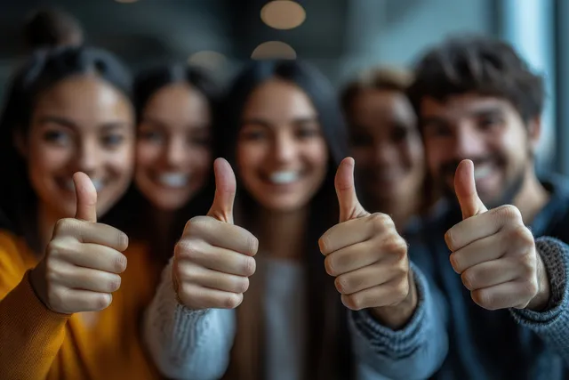 Coworkers in business attire show thumbs up gestures while smiling in a modern office setting.