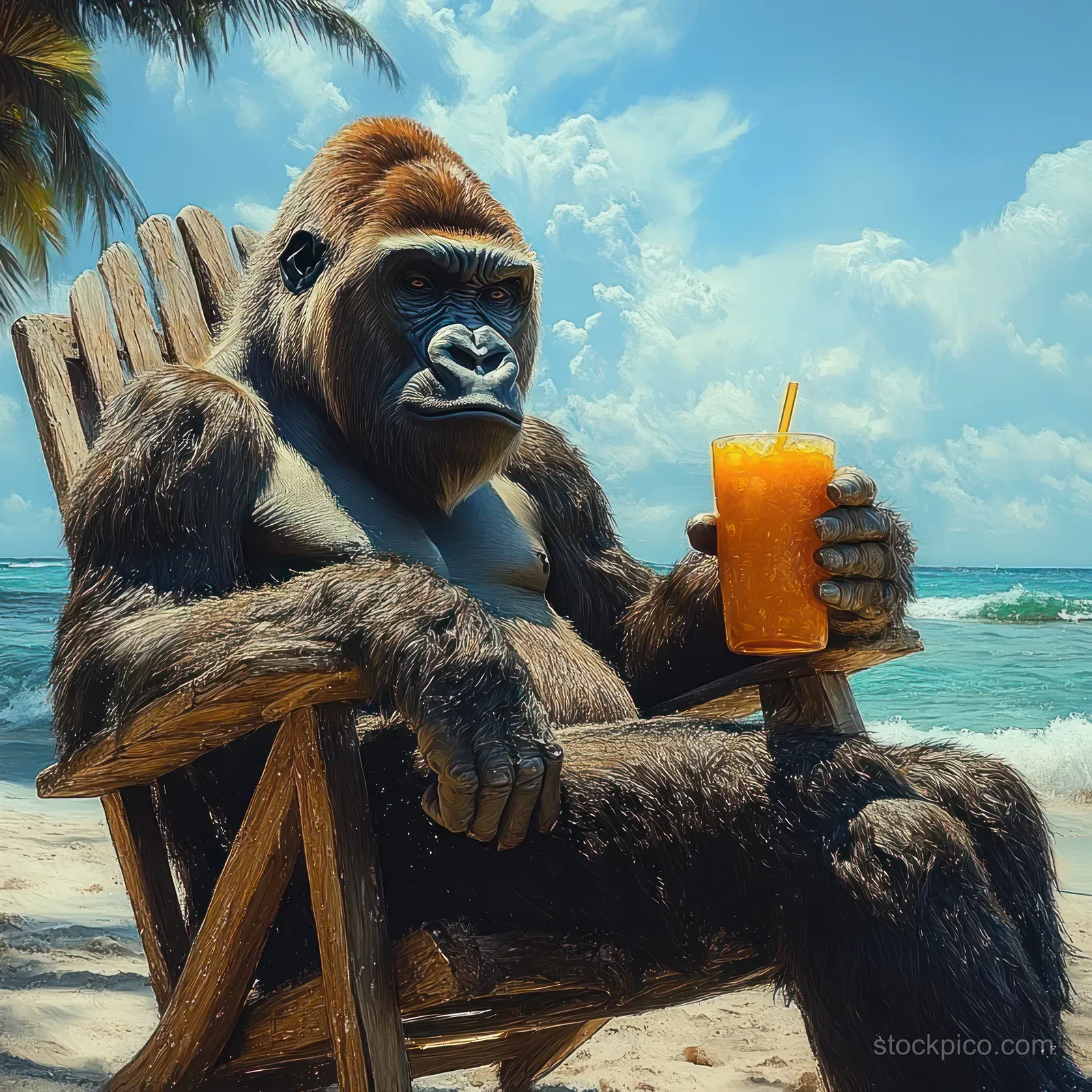 A relaxed gorilla reclines on a wooden lounge chair on a beach while holding an orange drink with a straw.
