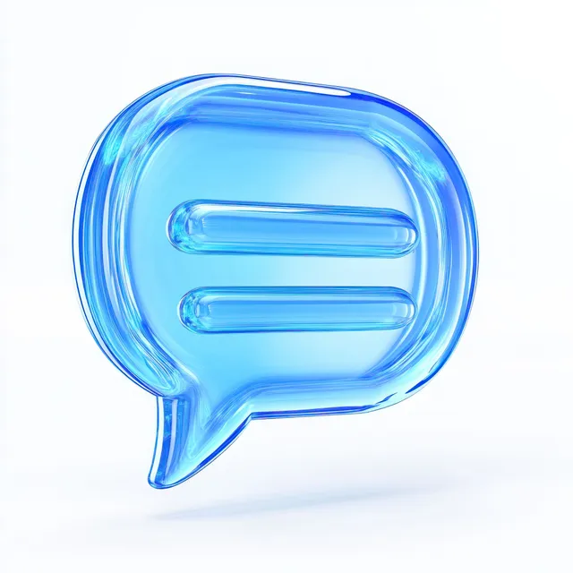 A glossy blue 3D speech bubble icon with reflections sits centered on a clean white background.