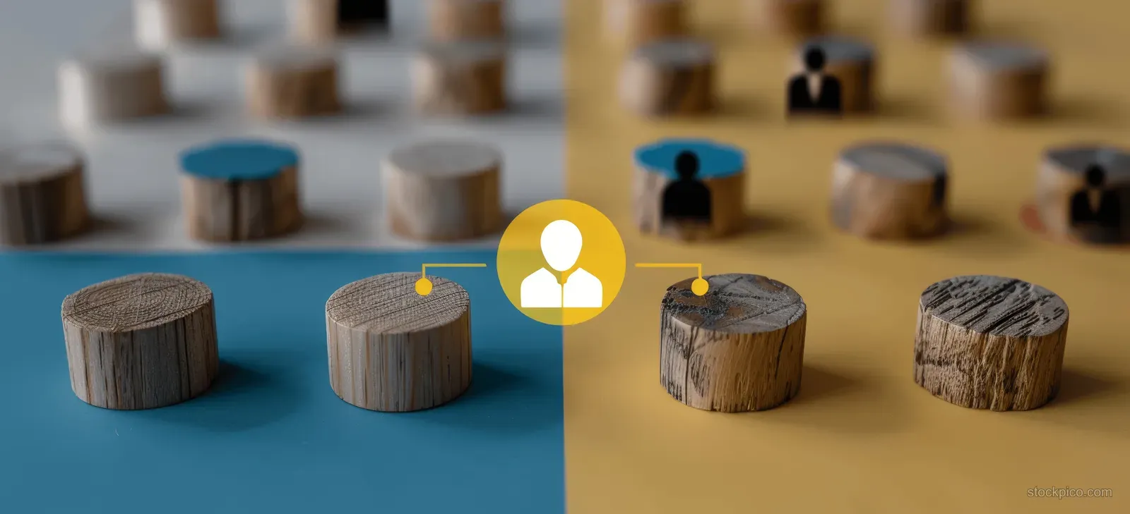 Wooden blocks with handshake and person icons on a split blue and tan surface.