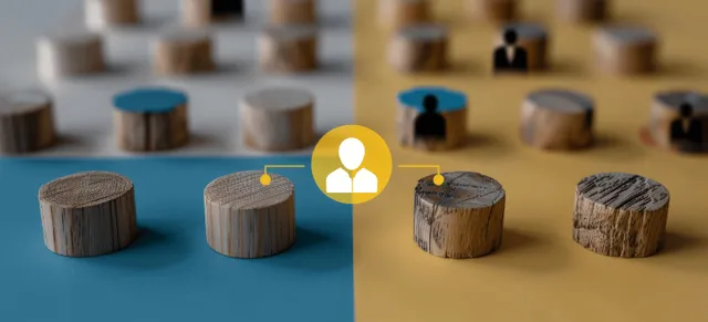 Wooden blocks with handshake and person icons on a split blue and tan surface.
