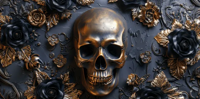 Gothic wall decoration with gold skulls and black roses surrounding a blank central rectangle.