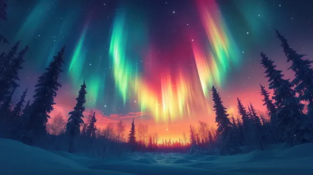 Multicolored aurora borealis illuminates a snow-covered pine forest beneath a starry twilight sky.