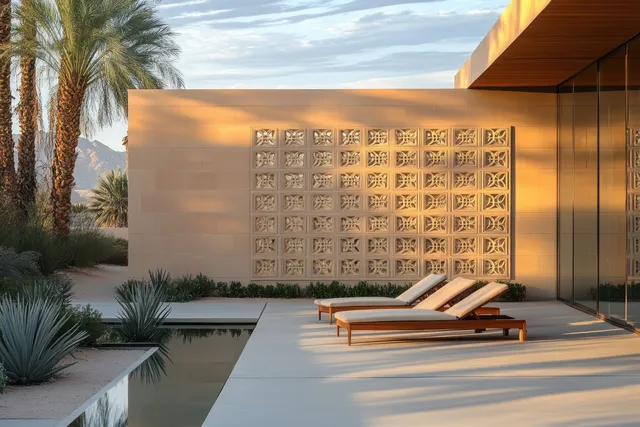 Three lounge chairs sit on a modern patio beside a reflective pool with a perforated wall and palm trees in sunset glow.