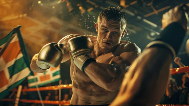 Irish boxer in gloves throws a punch in a boxing ring while Irish flags and a cheering crowd appear behind.