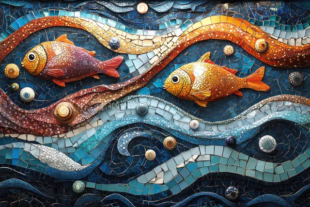 Two mosaic fish swim across blue turquoise waves with spiral tile patterns and shell-like accents.