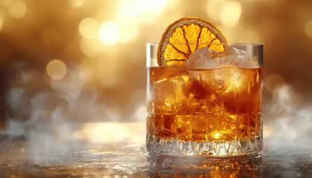 Close-up whiskey old-fashioned glass with ice cubes, dried orange wheel, warm steam glow