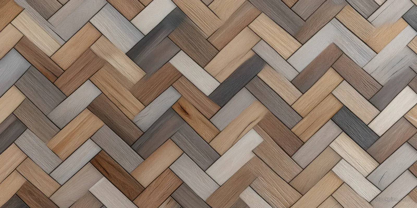 Seamless herringbone parquet wood pattern with alternating pastel plank tones and visible grain texture.