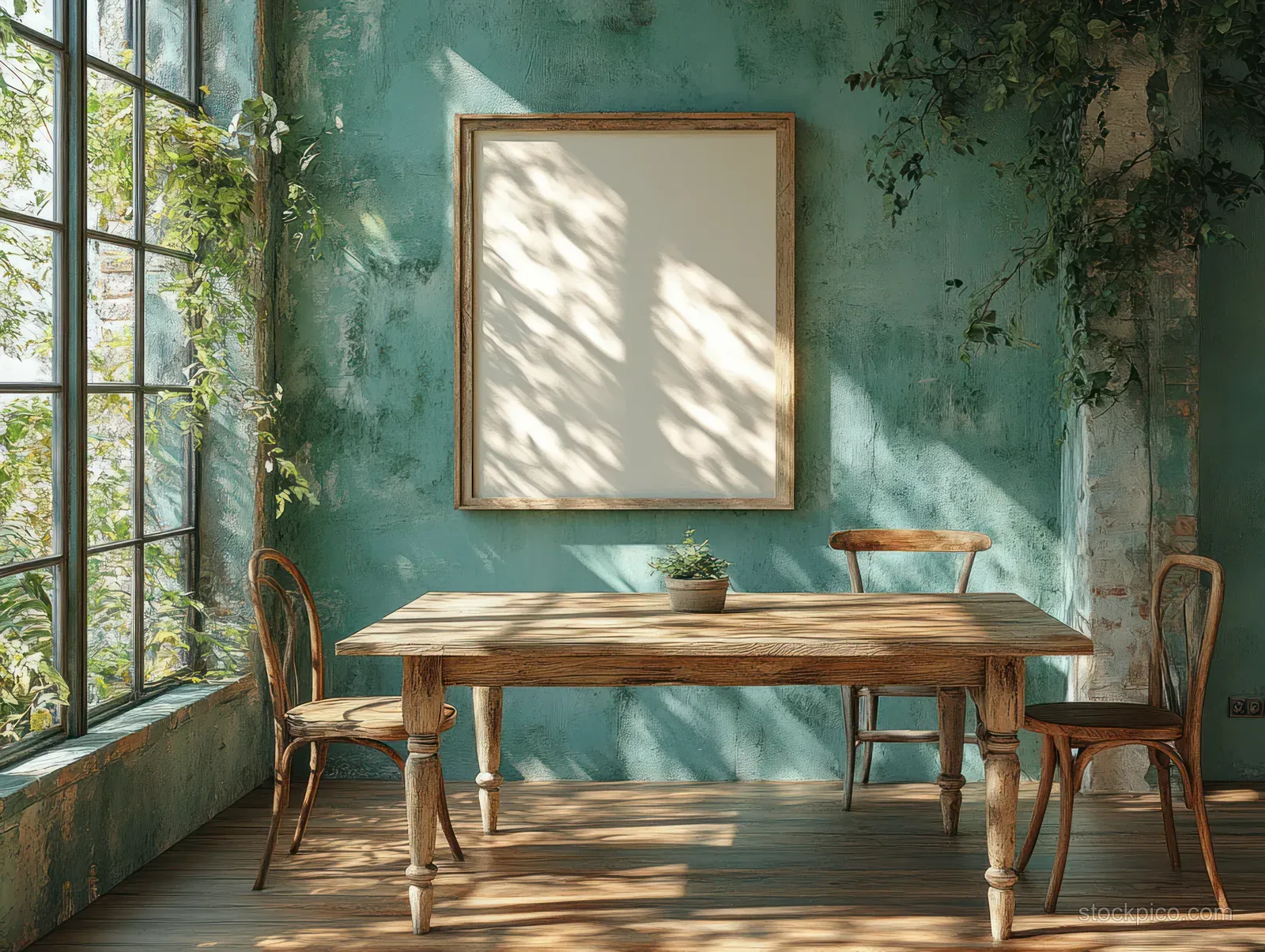 Sunlit dining room with a rustic wooden table, vintage chairs, and an empty framed picture on a teal wall.