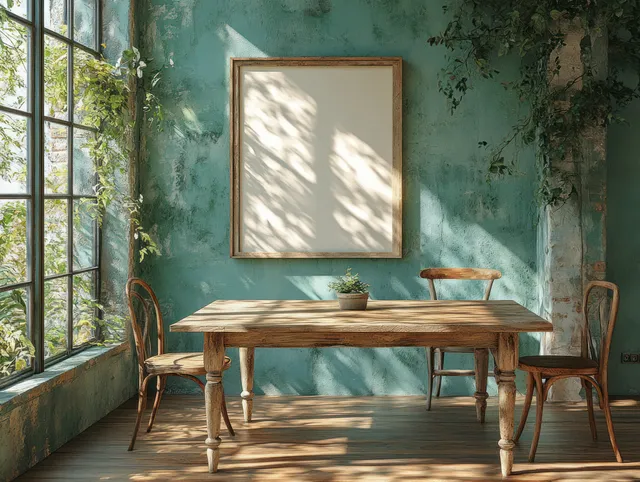 Sunlit dining room with a rustic wooden table, vintage chairs, and an empty framed picture on a teal wall.