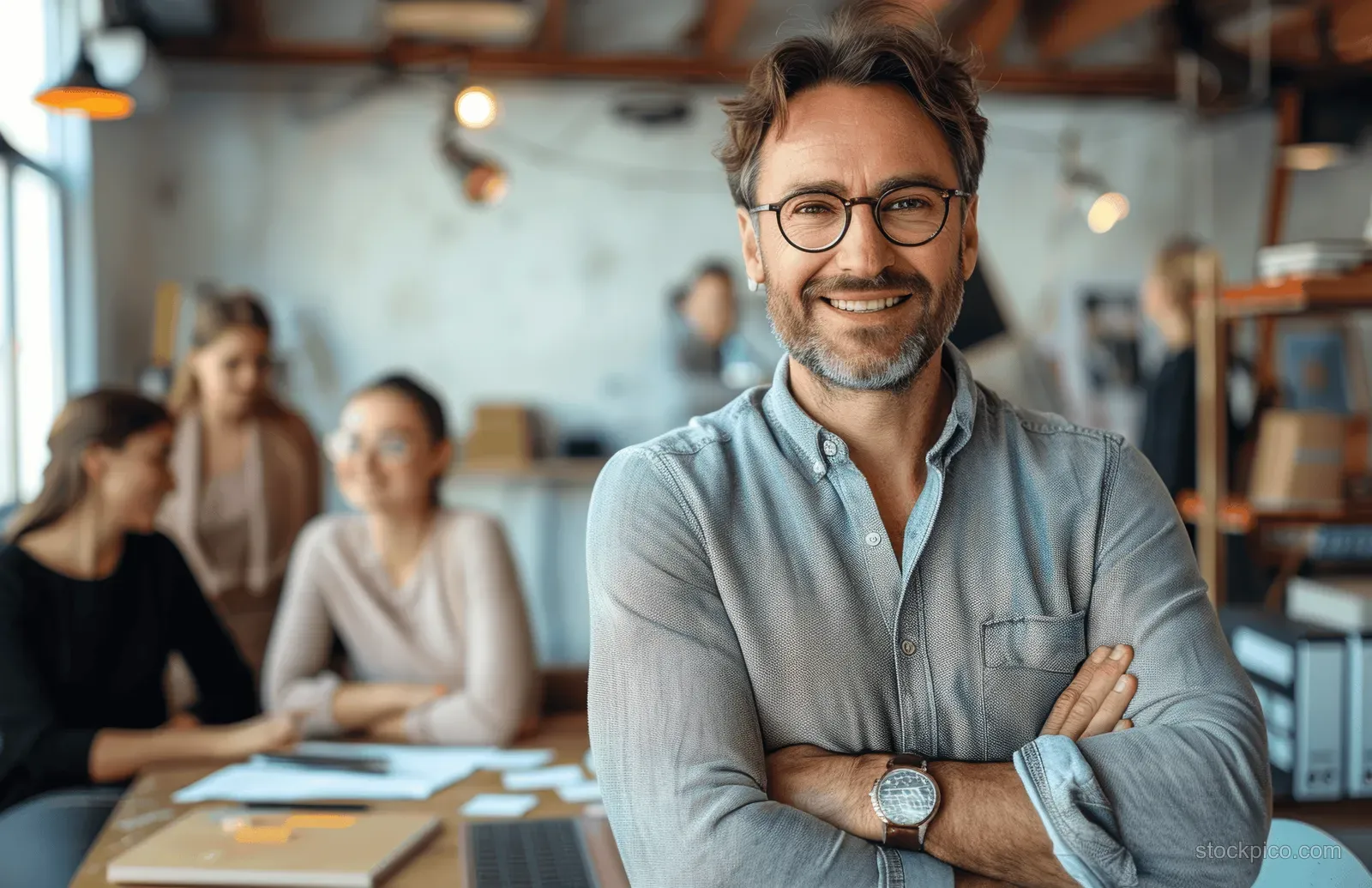 A smiling man with glasses stands with arms crossed in a modern office while coworkers work in the background.