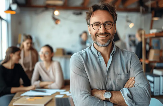 Smiling man in glasses stands with arms crossed in modern office, coworkers blurred behind