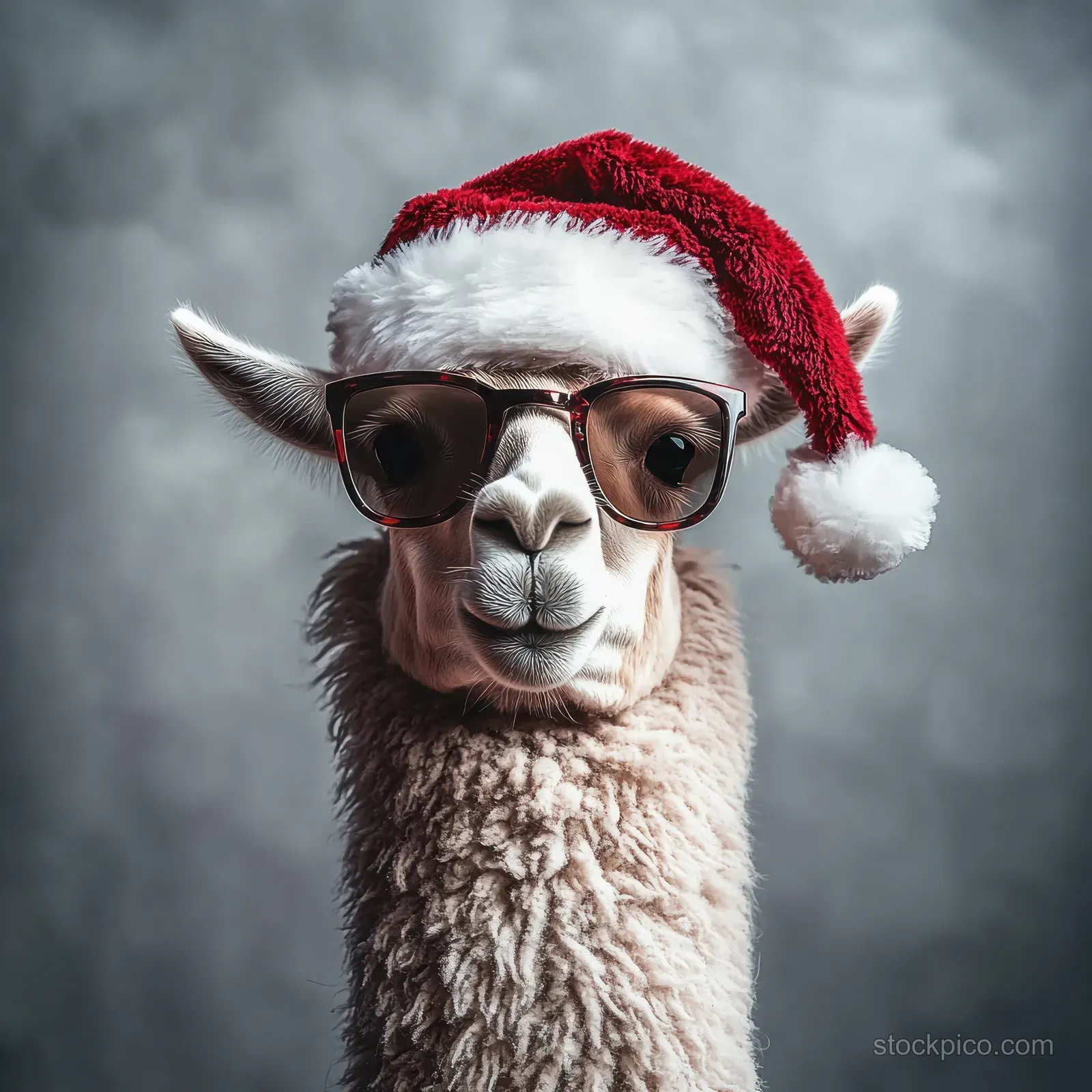 A llama close-up wearing a red and white Santa hat and sunglasses against a neutral background.