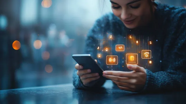 Woman checking app feedback on a tablet with glowing rating and satisfaction icons floating nearby.