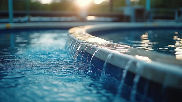 Water spills over the edge of a swimming pool, forming ripples under warm sunlight and soft bokeh.