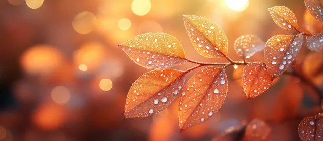 Orange autumn leaves with raindrop speckles glow in warm sunlight against a soft bokeh background.