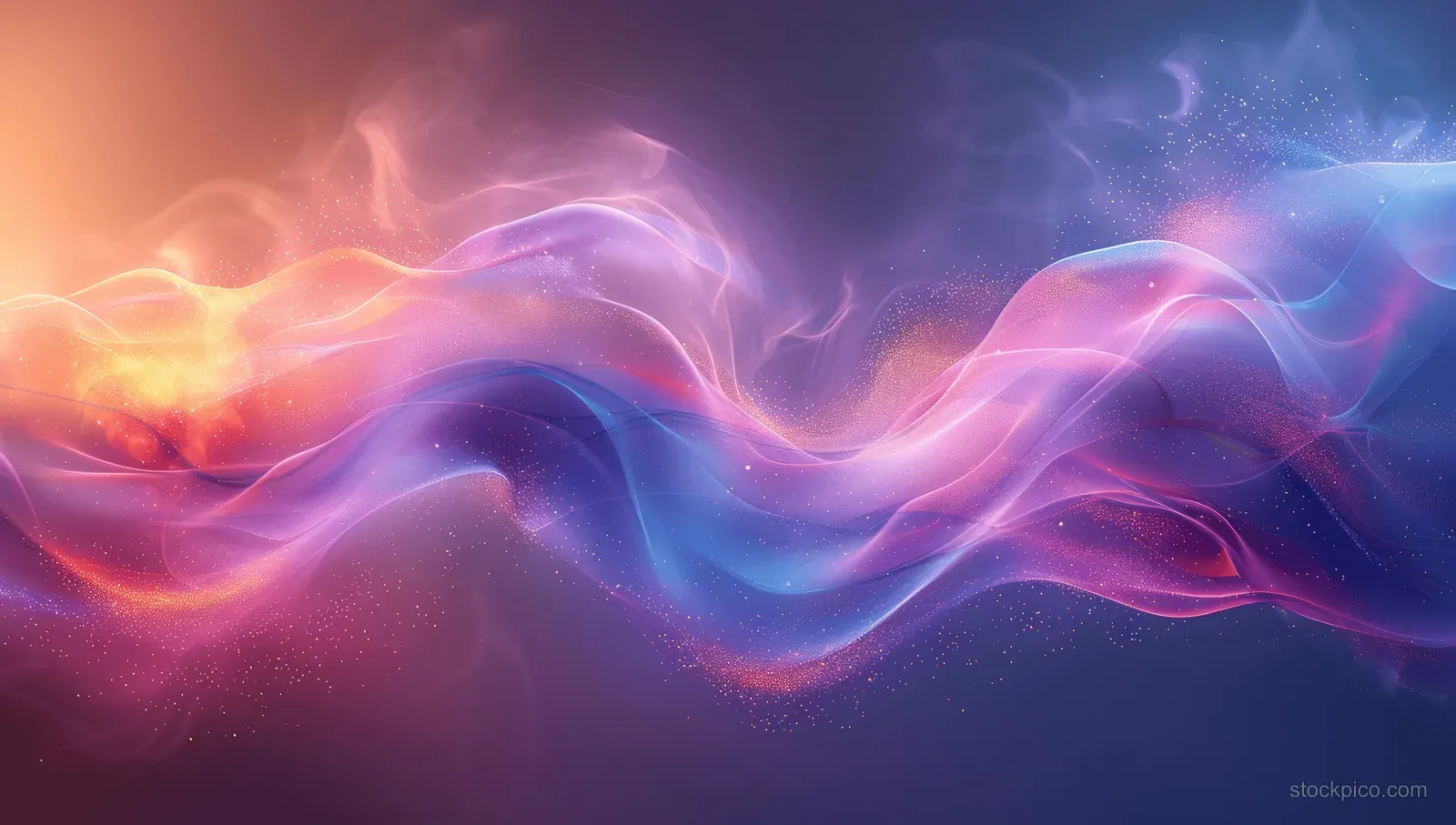 Curving neon blue and purple wave ribbons glow with pink light trails across a dark abstract background.