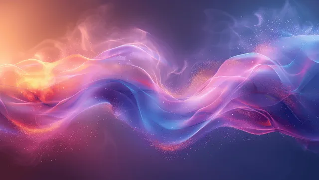 Neon blue purple wave ribbons glow in abstract flow background with light trails