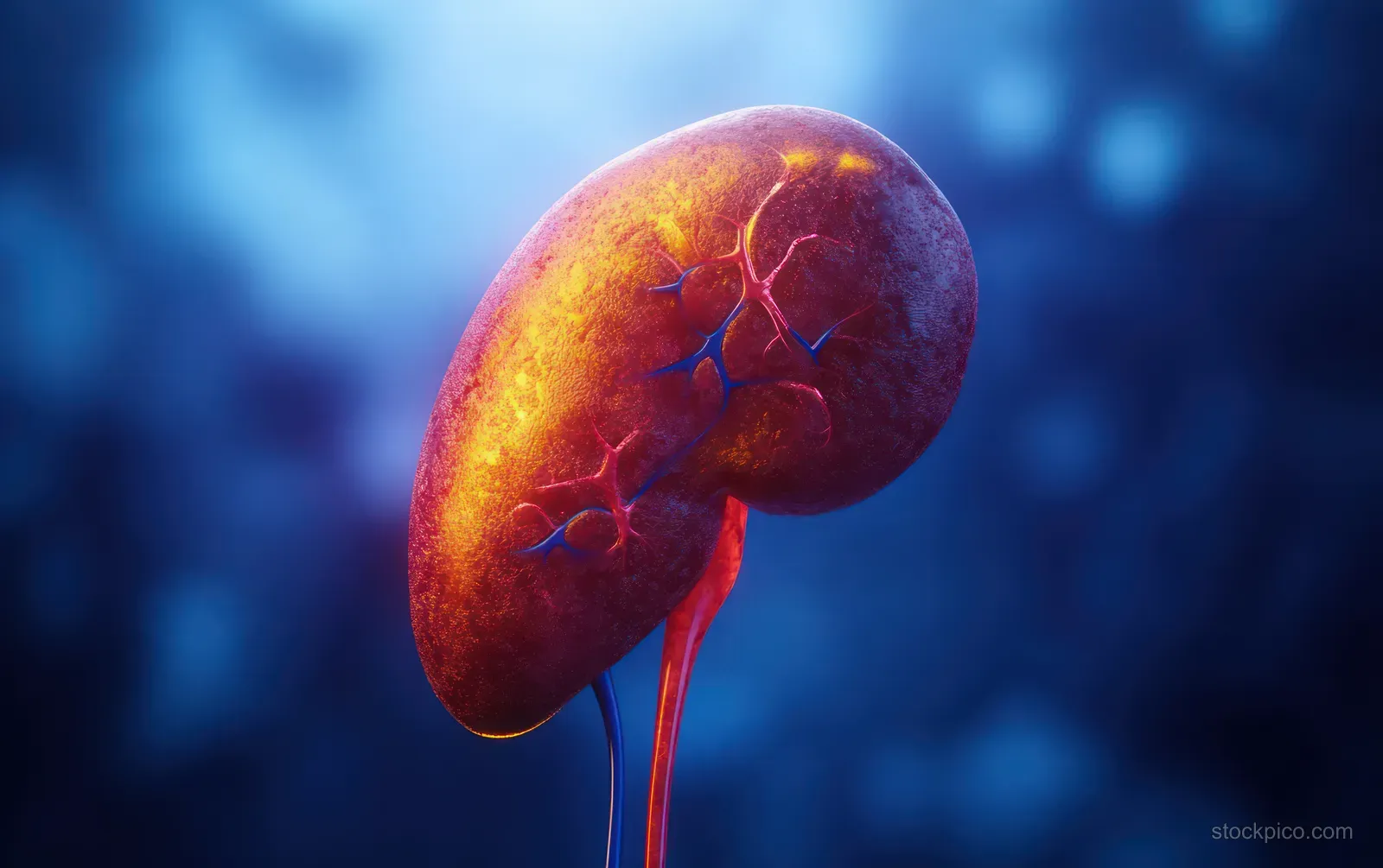 A 3D liver model with fatty changes and branching red and blue vessels floats on a blurred medical background.