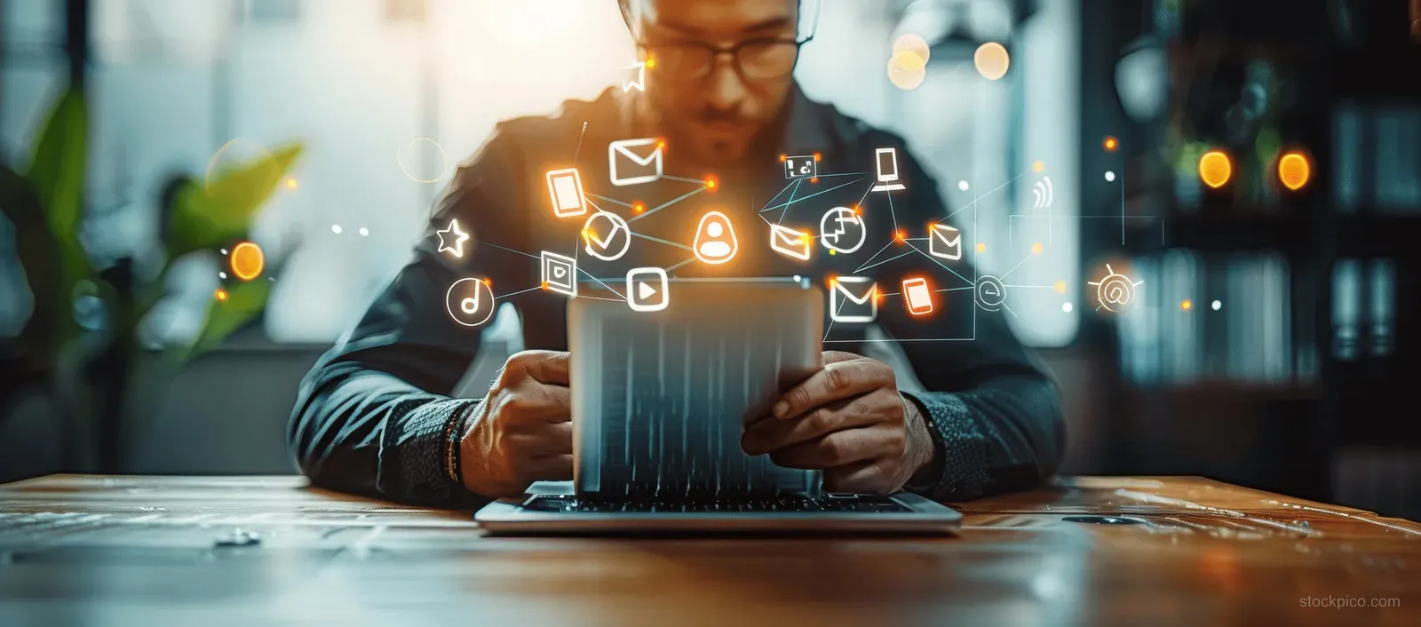 A person typing on a laptop with glowing network and communication icons floating above the desk.