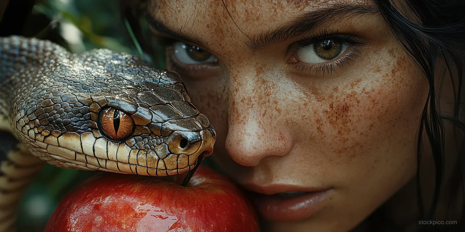 Freckled woman faces a large snake in close proximity beside a shiny red apple.
