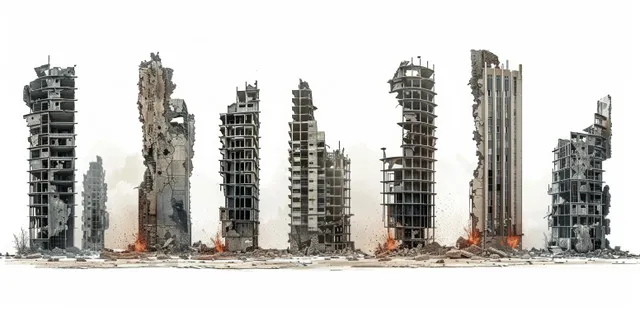 Row of broken abandoned skyscrapers with exposed steel and rubble against an isolated white background.