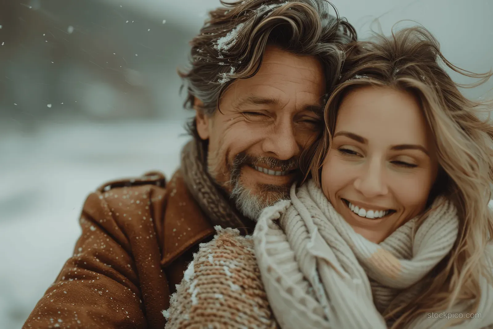 A smiling middle-aged couple embraces outdoors in snowy winter, bundled in coats and knit scarves.