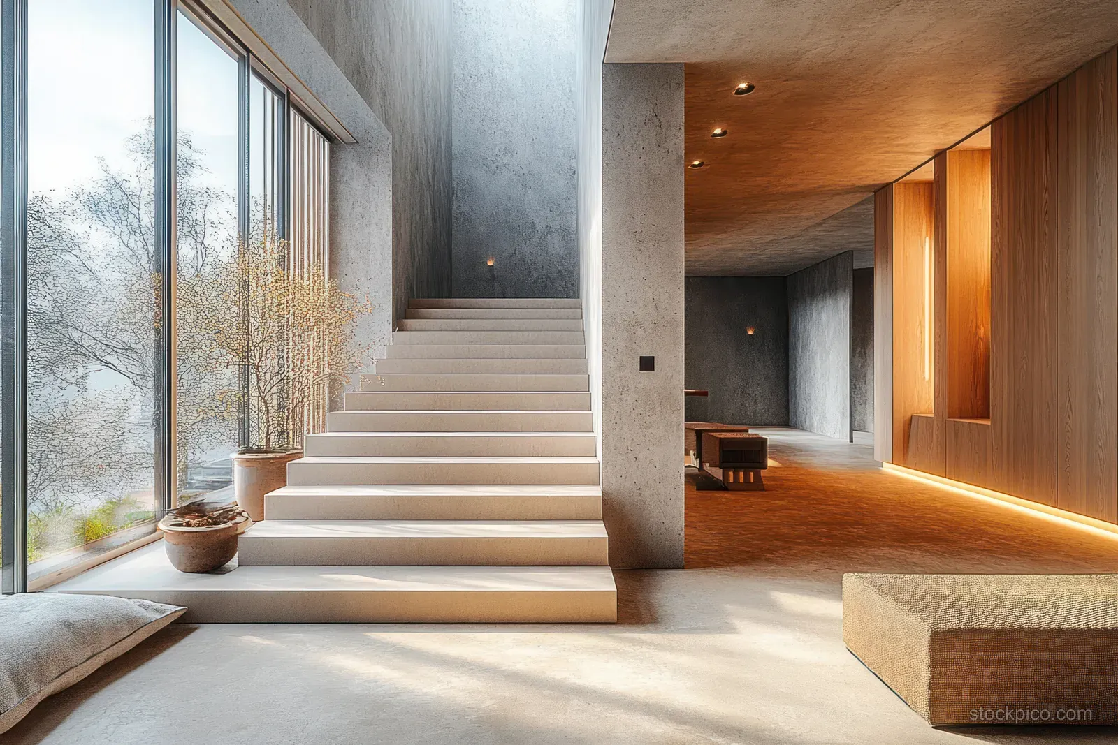 Concrete staircase and potted plants sit beside floor-to-ceiling windows casting warm light across a minimalist interior.