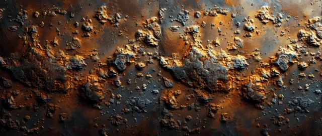 Rusty corten steel grunge wall texture with pitted bubbles and orange-brown oxidized patches